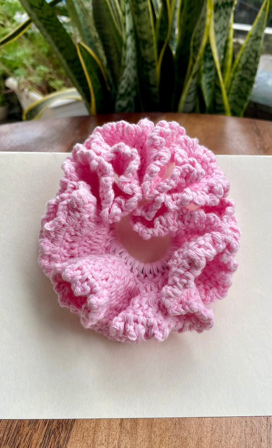 Crochet Ruffled Scrunchie Hair Band – Handmade Hair Accessory – Floral Hair Tie Gift for Her
