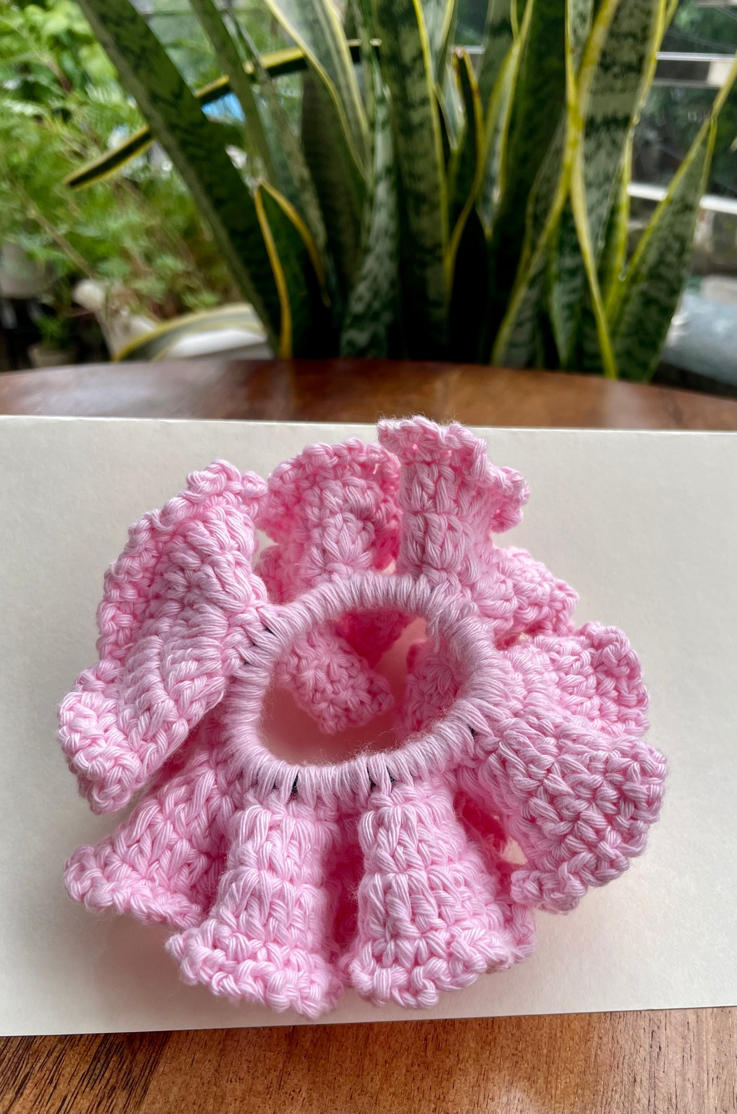 Crochet Ruffled Scrunchie Hair Band – Handmade Hair Accessory – Floral Hair Tie Gift for Her