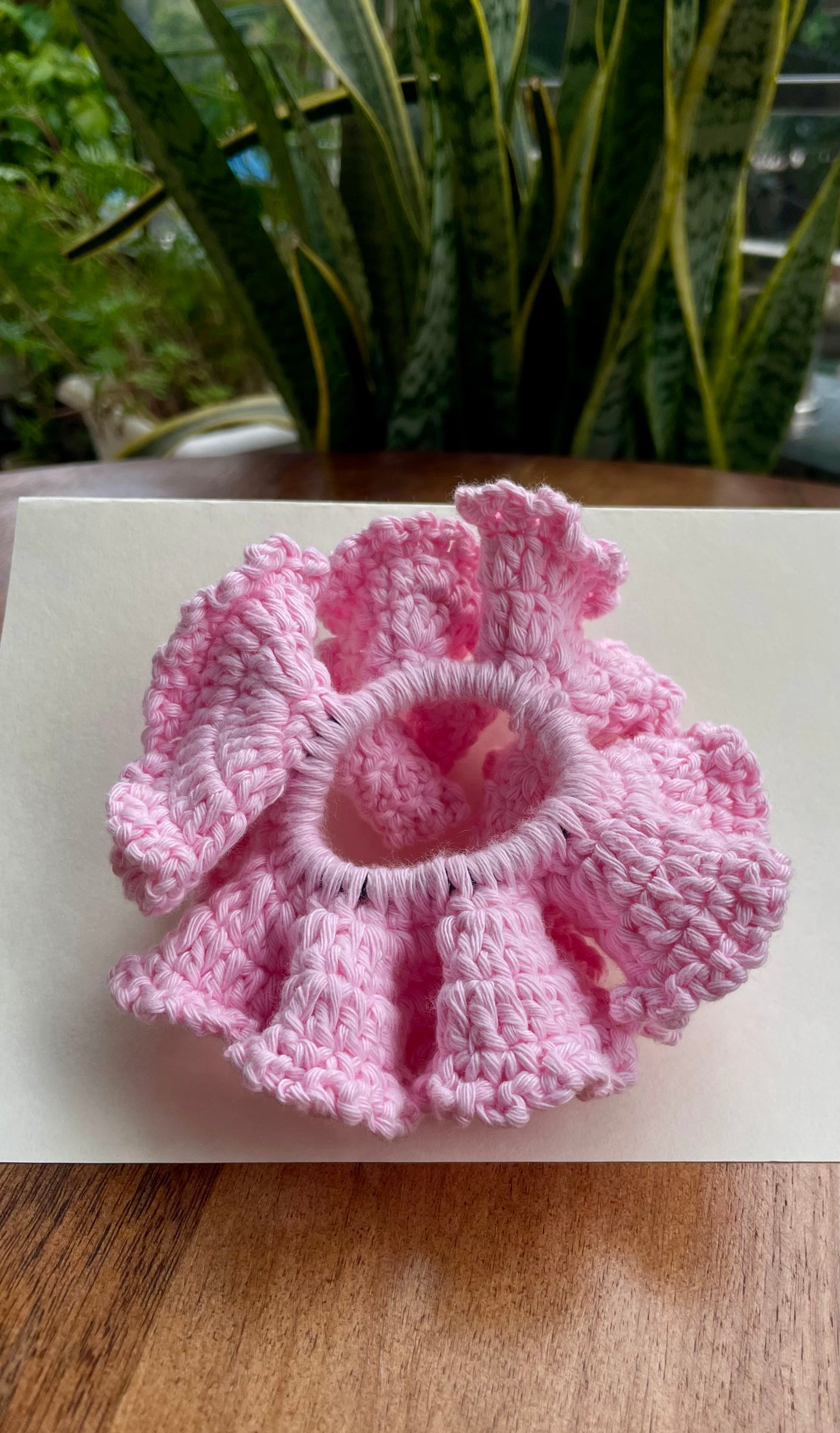 Crochet Ruffled Scrunchie Hair Band – Handmade Hair Accessory – Floral Hair Tie Gift for Her
