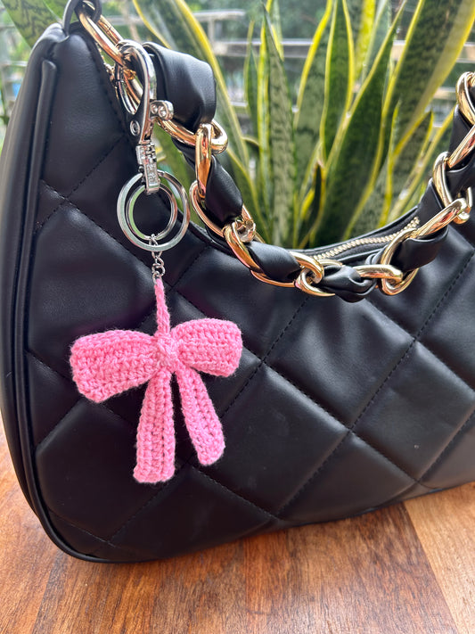 Pink Crochet Bow Keychain – Handmade Charm – Cute Bag Accessory & Gift for Girls